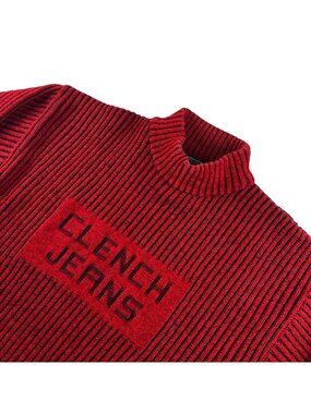 VTG Clench Jeans Men's Acrylic Y2K Ribbed Spell Out Sweater Red • 2XL